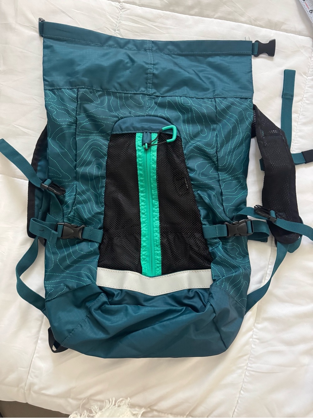 Teal Roll-Top Backpack with Front Zip and Reflective Strip